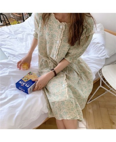 Cotton Night Dress Women Floral Print Sleepwear Lace Nightgown Vintage Nightwear Long One-piece Dress Gown $44.15 - Sleepwears