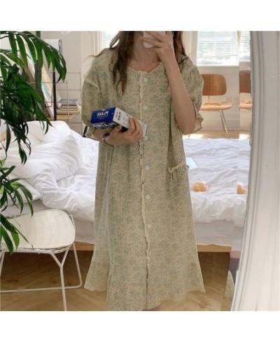 Cotton Night Dress Women Floral Print Sleepwear Lace Nightgown Vintage Nightwear Long One-piece Dress Gown $44.15 - Sleepwears