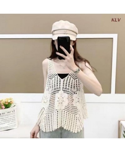 Hollow Out Flowy Tank Tops Loose Summer Sleeveless Crochet Ruffle Tops V Neck Shirts Tunic Sweater Vest for Women Girls 6XDA ...