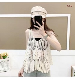 Hollow Out Flowy Tank Tops Loose Summer Sleeveless Crochet Ruffle Tops V Neck Shirts Tunic Sweater Vest for Women Girls 6XDA ...