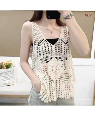 Hollow Out Flowy Tank Tops Loose Summer Sleeveless Crochet Ruffle Tops V Neck Shirts Tunic Sweater Vest for Women Girls 6XDA ...