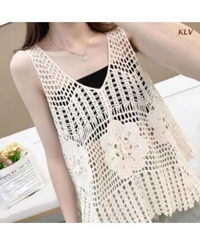 Hollow Out Flowy Tank Tops Loose Summer Sleeveless Crochet Ruffle Tops V Neck Shirts Tunic Sweater Vest for Women Girls 6XDA ...