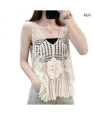 Hollow Out Flowy Tank Tops Loose Summer Sleeveless Crochet Ruffle Tops V Neck Shirts Tunic Sweater Vest for Women Girls 6XDA ...