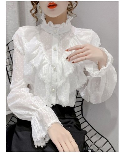 Fashion Ruffle Stitching Elegant Lace Blouse Long Sleeve Loose Chiffon Shirts Korean Style Stand Collar Pleated Top Blusas $3...