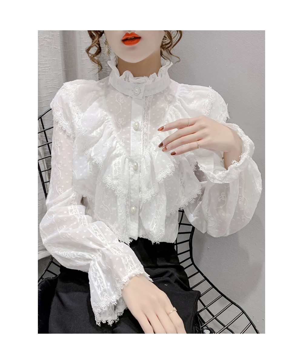 Fashion Ruffle Stitching Elegant Lace Blouse Long Sleeve Loose Chiffon Shirts Korean Style Stand Collar Pleated Top Blusas $3...