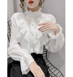 Fashion Ruffle Stitching Elegant Lace Blouse Long Sleeve Loose Chiffon Shirts Korean Style Stand Collar Pleated Top Blusas $3...