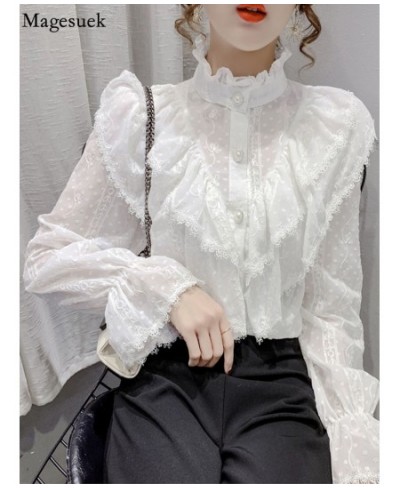 Fashion Ruffle Stitching Elegant Lace Blouse Long Sleeve Loose Chiffon Shirts Korean Style Stand Collar Pleated Top Blusas $3...