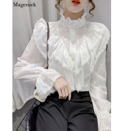 Fashion Ruffle Stitching Elegant Lace Blouse Long Sleeve Loose Chiffon Shirts Korean Style Stand Collar Pleated Top Blusas $3...