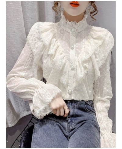 Fashion Ruffle Stitching Elegant Lace Blouse Long Sleeve Loose Chiffon Shirts Korean Style Stand Collar Pleated Top Blusas $3...