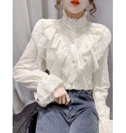 Fashion Ruffle Stitching Elegant Lace Blouse Long Sleeve Loose Chiffon Shirts Korean Style Stand Collar Pleated Top Blusas $3...