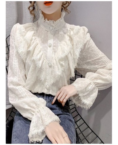 Fashion Ruffle Stitching Elegant Lace Blouse Long Sleeve Loose Chiffon Shirts Korean Style Stand Collar Pleated Top Blusas $3...