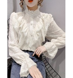 Fashion Ruffle Stitching Elegant Lace Blouse Long Sleeve Loose Chiffon Shirts Korean Style Stand Collar Pleated Top Blusas $3...