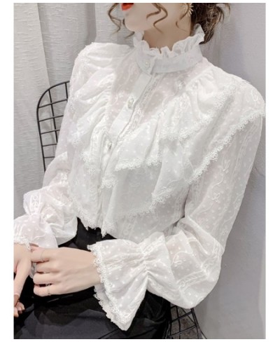 Fashion Ruffle Stitching Elegant Lace Blouse Long Sleeve Loose Chiffon Shirts Korean Style Stand Collar Pleated Top Blusas $3...