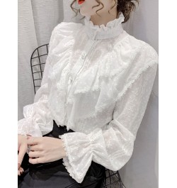 Fashion Ruffle Stitching Elegant Lace Blouse Long Sleeve Loose Chiffon Shirts Korean Style Stand Collar Pleated Top Blusas $3...