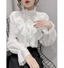 Fashion Ruffle Stitching Elegant Lace Blouse Long Sleeve Loose Chiffon Shirts Korean Style Stand Collar Pleated Top Blusas $3...