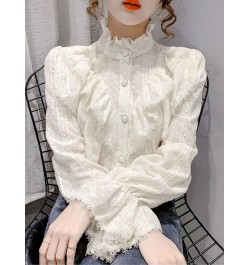 Fashion Ruffle Stitching Elegant Lace Blouse Long Sleeve Loose Chiffon Shirts Korean Style Stand Collar Pleated Top Blusas $3...