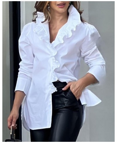 Tops Women 2022 Trendy Fashion Ruffle Hem Puff Sleeve Buttoned Top Casual Plain Long Sleeve Blouses All Match $39.16 - Women ...