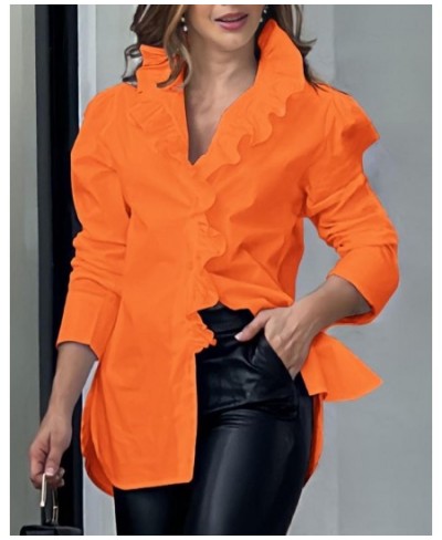 Tops Women 2022 Trendy Fashion Ruffle Hem Puff Sleeve Buttoned Top Casual Plain Long Sleeve Blouses All Match $39.16 - Women ...