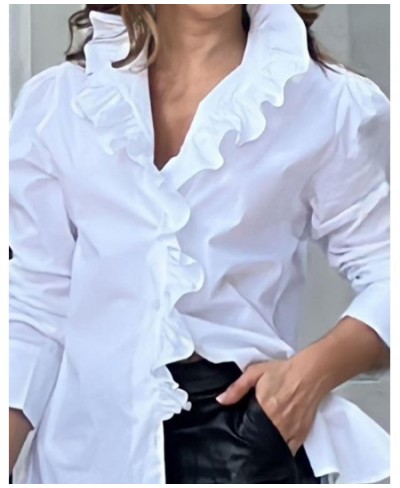 Tops Women 2022 Trendy Fashion Ruffle Hem Puff Sleeve Buttoned Top Casual Plain Long Sleeve Blouses All Match $39.16 - Women ...