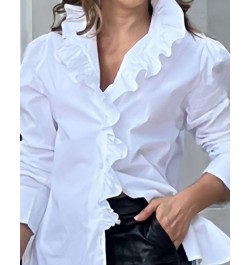 Tops Women 2022 Trendy Fashion Ruffle Hem Puff Sleeve Buttoned Top Casual Plain Long Sleeve Blouses All Match $39.16 - Women ...