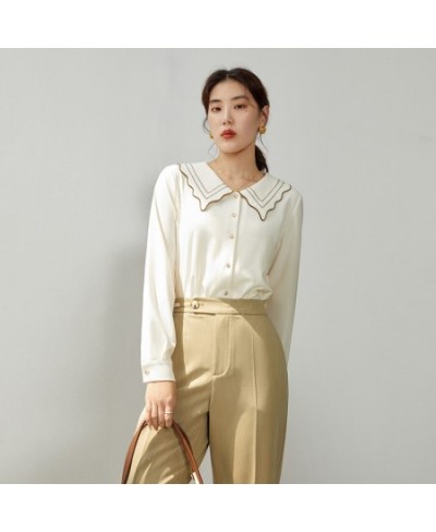 Contrast Color Embroidered Collar Shirt Women 2022 Autumn Temperament Commuter Office Lady All-match Female Chic Shirt Top $7...