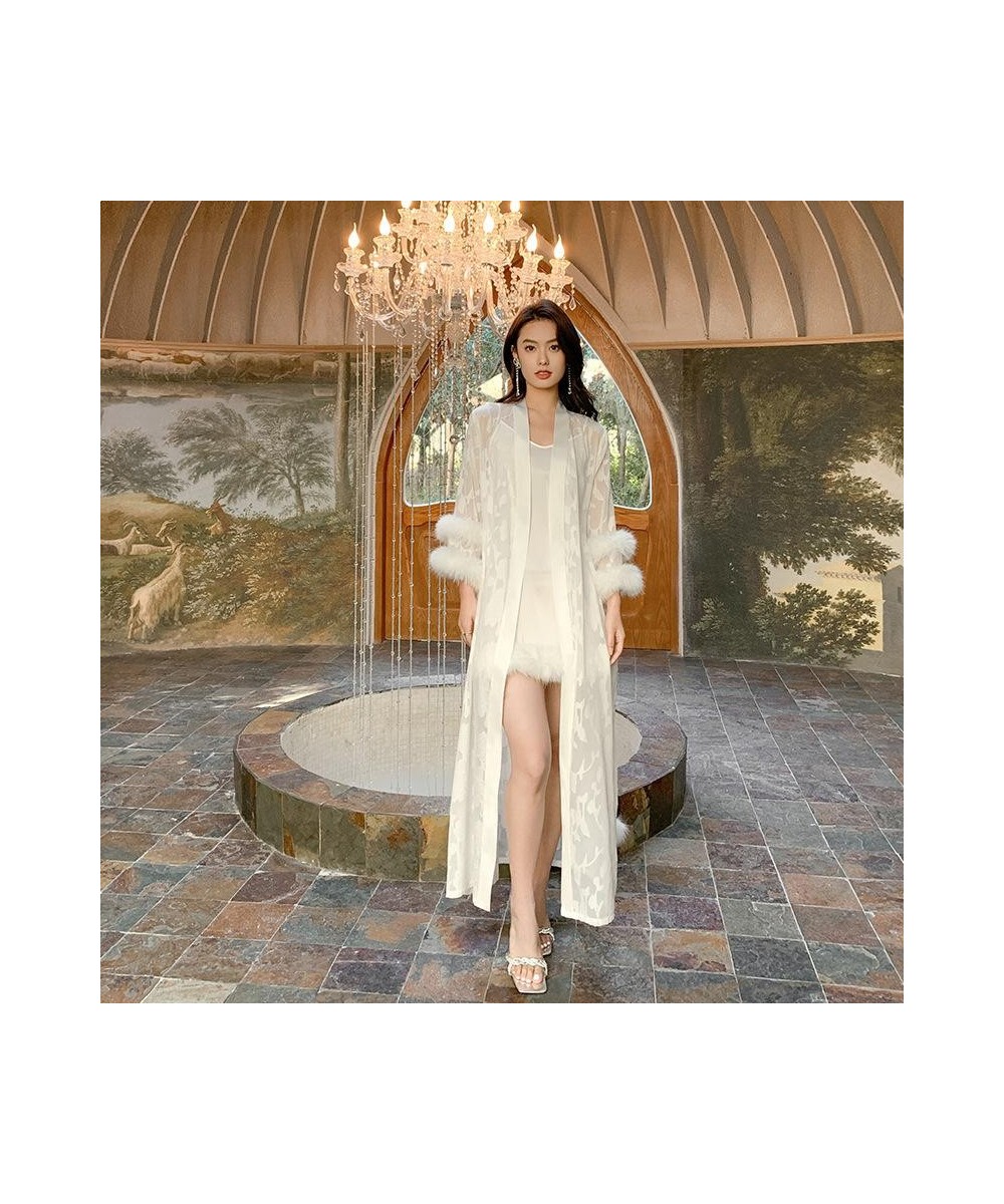 Feather Mesh Hollow-out Robe Long Sleeves Robes Women Nightgown Dress Sexy Bathrobe Female Bride Dressing Gown 2023 Spring Ne...