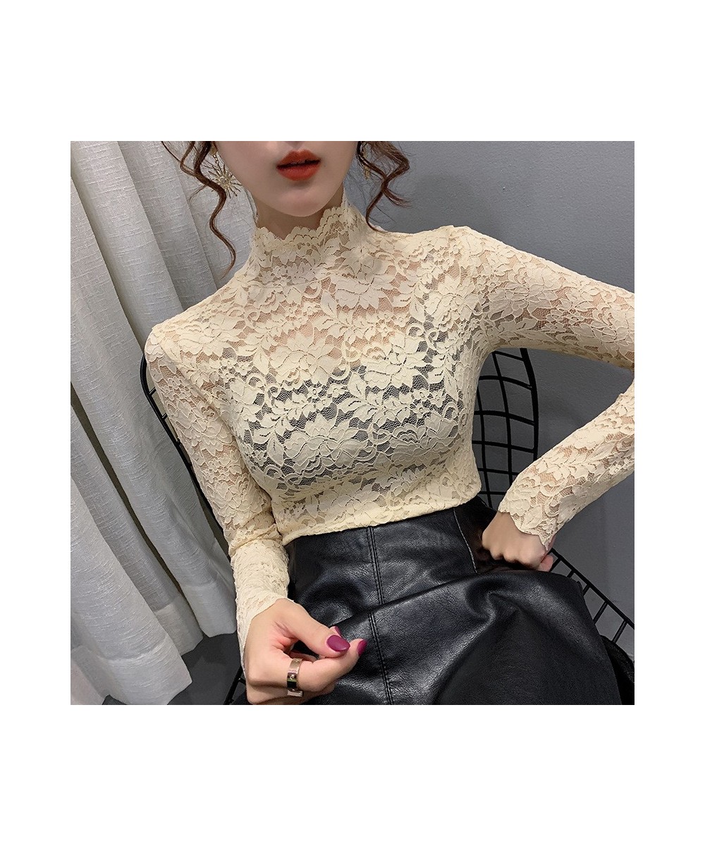 2023 Spring Autumn Women Sexy Blouse Female Half High Collar Bottoming Shirt Feminine Slim Lace Mesh Beauty Tops $23.09 - Blo...