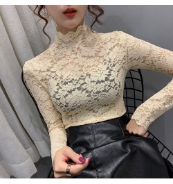 2023 Spring Autumn Women Sexy Blouse Female Half High Collar Bottoming Shirt Feminine Slim Lace Mesh Beauty Tops $23.09 - Blo...