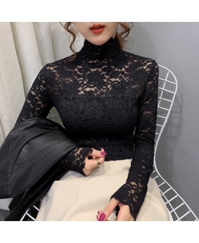 2023 Spring Autumn Women Sexy Blouse Female Half High Collar Bottoming Shirt Feminine Slim Lace Mesh Beauty Tops $23.09 - Blo...