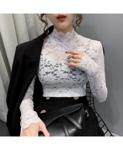 2023 Spring Autumn Women Sexy Blouse Female Half High Collar Bottoming Shirt Feminine Slim Lace Mesh Beauty Tops $23.09 - Blo...