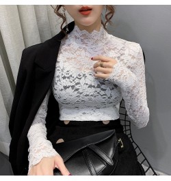 2023 Spring Autumn Women Sexy Blouse Female Half High Collar Bottoming Shirt Feminine Slim Lace Mesh Beauty Tops $23.09 - Blo...