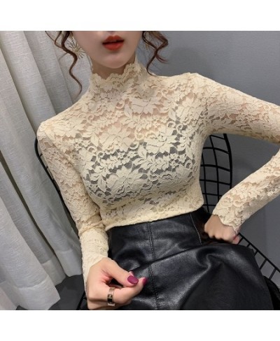 2023 Spring Autumn Women Sexy Blouse Female Half High Collar Bottoming Shirt Feminine Slim Lace Mesh Beauty Tops $23.09 - Blo...