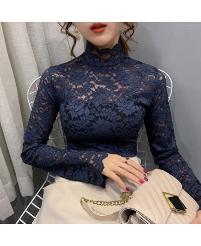 2023 Spring Autumn Women Sexy Blouse Female Half High Collar Bottoming Shirt Feminine Slim Lace Mesh Beauty Tops $23.09 - Blo...