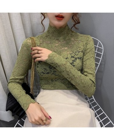 2023 Spring Autumn Women Sexy Blouse Female Half High Collar Bottoming Shirt Feminine Slim Lace Mesh Beauty Tops $23.09 - Blo...