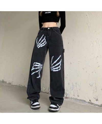 Harajuku Skull White Bone Jeans Women Punk Style Loose Straight Wide Leg Pants Female Retro Street Joggers Denim Pants $41.34...