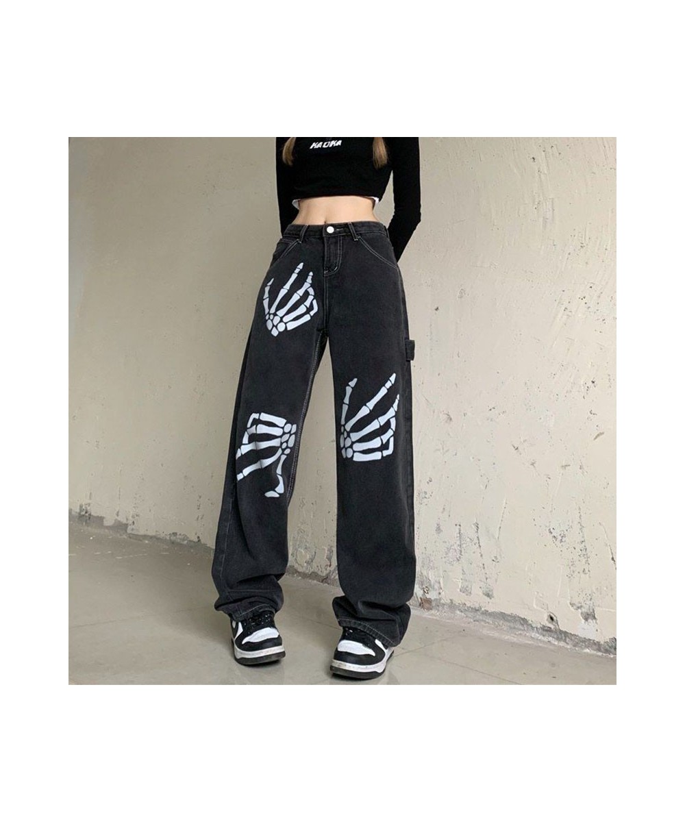 Harajuku Skull White Bone Jeans Women Punk Style Loose Straight Wide Leg Pants Female Retro Street Joggers Denim Pants $41.34...