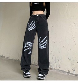 Harajuku Skull White Bone Jeans Women Punk Style Loose Straight Wide Leg Pants Female Retro Street Joggers Denim Pants $41.34...