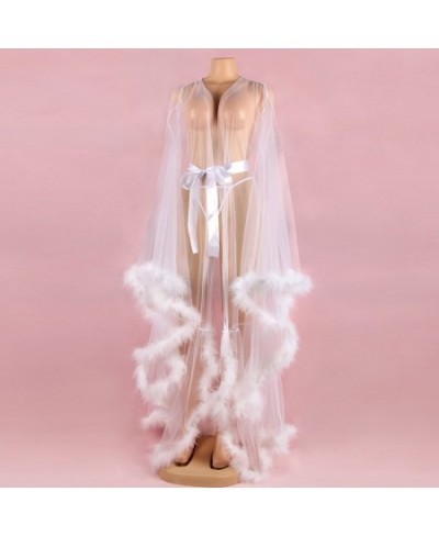 furry robe 5XL Plus Size Women's Nightgowns Fur Wedding Bathrobe Feather Lace Long Robes For Women Dress Sleepwea $45.92 - Sl...