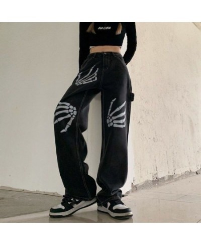 Harajuku Skull White Bone Jeans Women Punk Style Loose Straight Wide Leg Pants Female Retro Street Joggers Denim Pants $41.34...