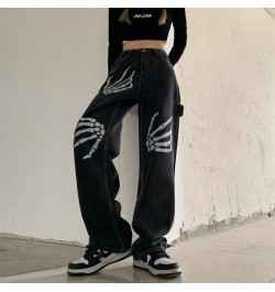 Harajuku Skull White Bone Jeans Women Punk Style Loose Straight Wide Leg Pants Female Retro Street Joggers Denim Pants $41.34...