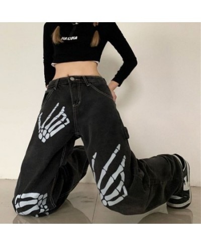 Harajuku Skull White Bone Jeans Women Punk Style Loose Straight Wide Leg Pants Female Retro Street Joggers Denim Pants $41.34...