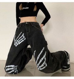 Harajuku Skull White Bone Jeans Women Punk Style Loose Straight Wide Leg Pants Female Retro Street Joggers Denim Pants $41.34...