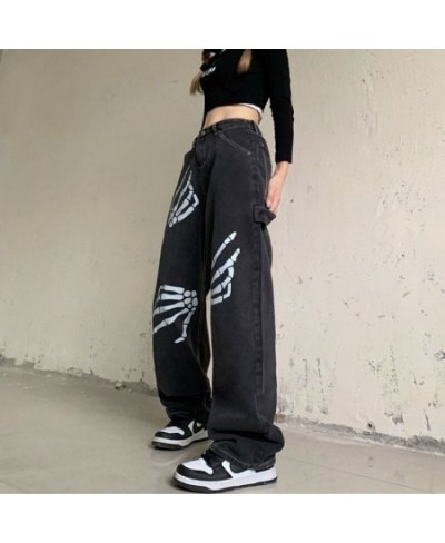 Harajuku Skull White Bone Jeans Women Punk Style Loose Straight Wide Leg Pants Female Retro Street Joggers Denim Pants $41.34...