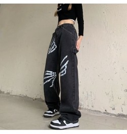 Harajuku Skull White Bone Jeans Women Punk Style Loose Straight Wide Leg Pants Female Retro Street Joggers Denim Pants $41.34...