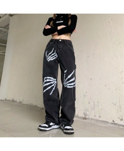 Harajuku Skull White Bone Jeans Women Punk Style Loose Straight Wide Leg Pants Female Retro Street Joggers Denim Pants $41.34...