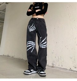 Harajuku Skull White Bone Jeans Women Punk Style Loose Straight Wide Leg Pants Female Retro Street Joggers Denim Pants $41.34...