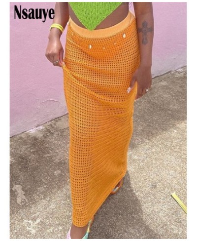 2022 Fashion Knitted Y2K Aesthetic Boho Beach Party High Waist Long Dress Sexy Women Hollow Out Maxi Skirt Vintage Summer $39...