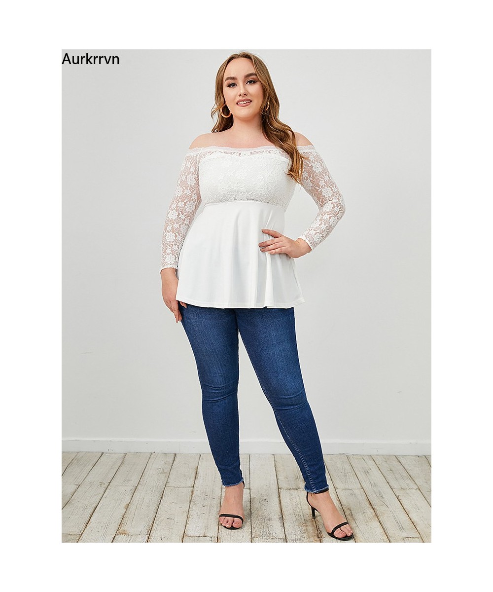 Plus Size Tops Solid White Women's Tunic Casual Elegant Sexy Off The Shoulder Lace Sleeve Fashion Woman T-shirts 2022 Summer ...