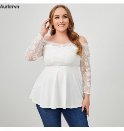 Plus Size Tops Solid White Women's Tunic Casual Elegant Sexy Off The Shoulder Lace Sleeve Fashion Woman T-shirts 2022 Summer ...