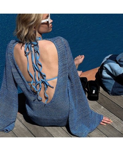 2022 Crochet Tunic Bikini Cover-ups Sexy Hollow Out Mini Dress Women Summer Clothes Beach Wear Trumpet Sleeve Cover Up $38.43...